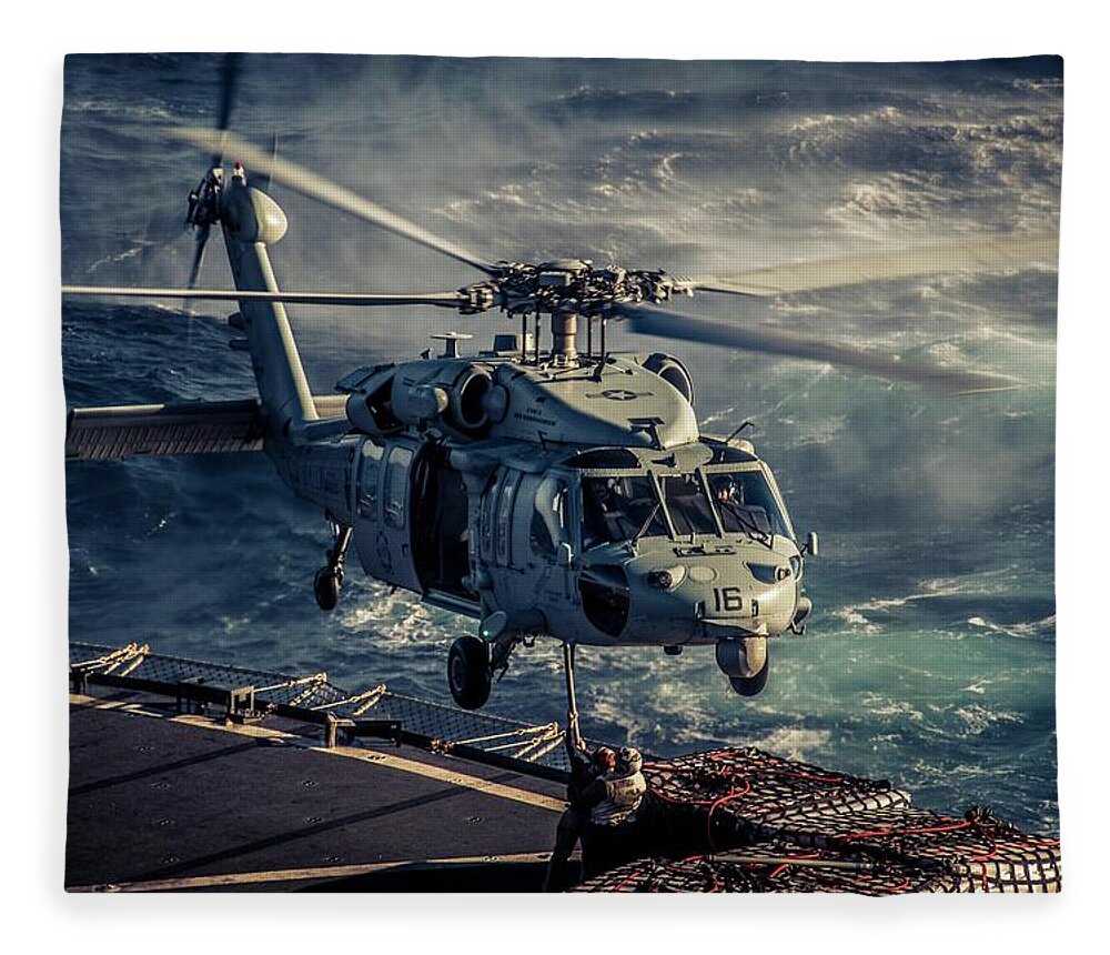 Navy Fleece Blanket featuring the photograph Hooking the Helicopter by Larkin's Balcony Photography