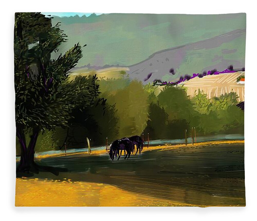 Agriculture Fleece Blanket featuring the digital art Horses in field by Debra Baldwin