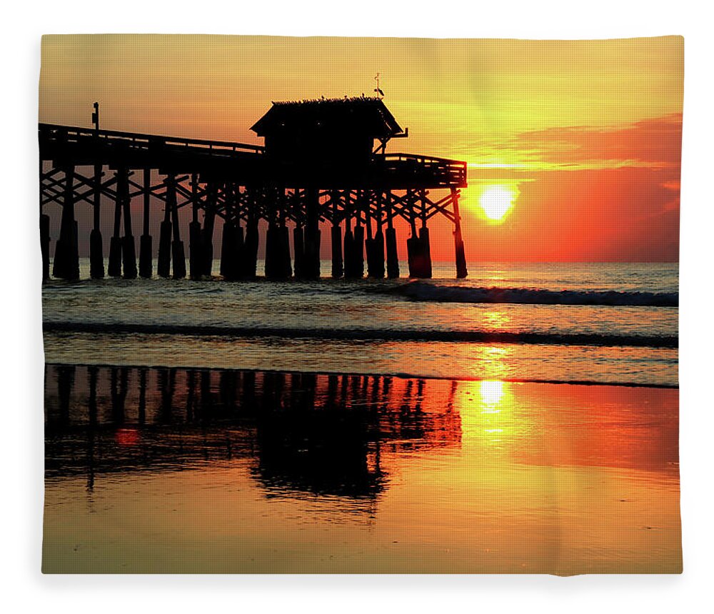 Cocoa Beach Pier Fleece Blanket featuring the photograph Hot Sunrise Over Cocoa Beach Pier by Carol Montoya