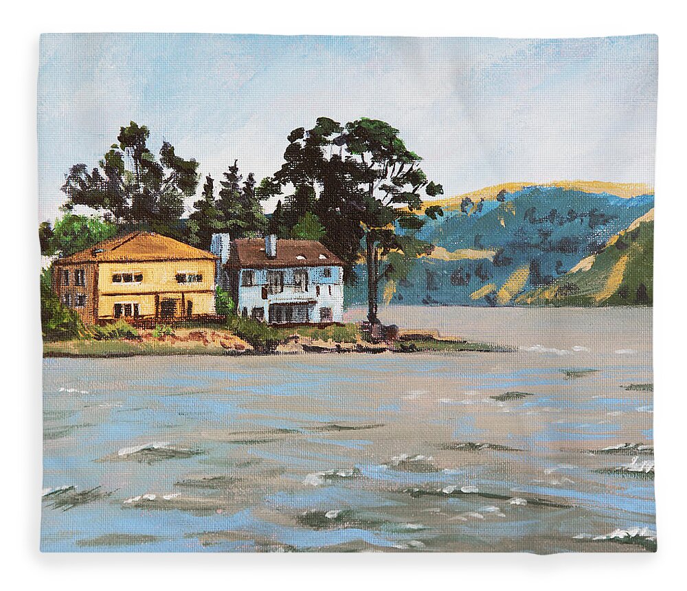 Buildings Fleece Blanket featuring the painting Houses Next To Water by Masha Batkova