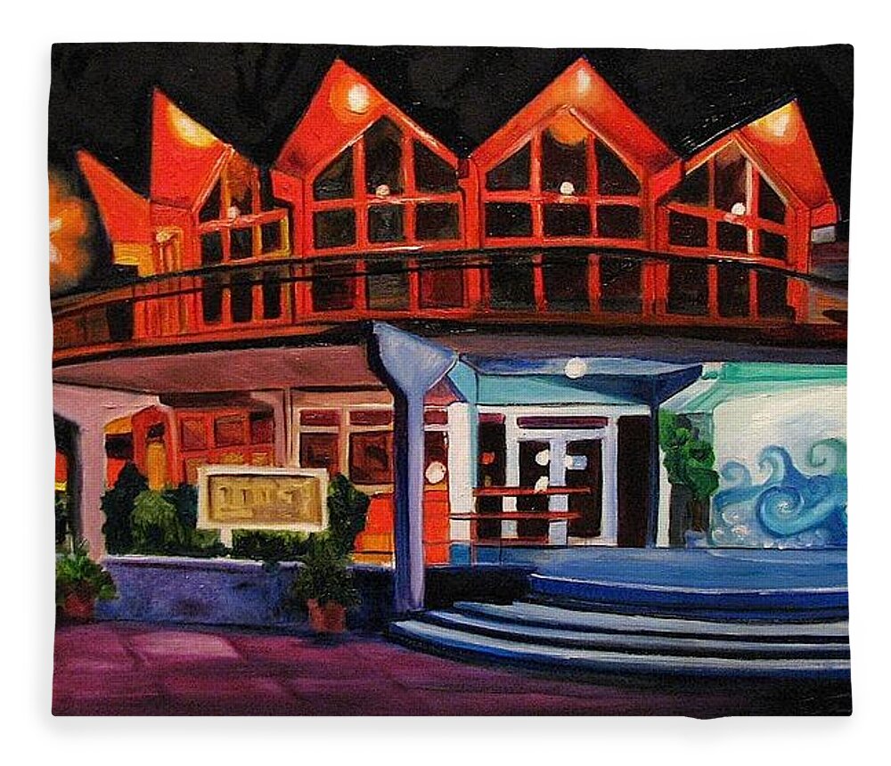 Asbury Art Fleece Blanket featuring the painting Howard Johnsons at Night by Patricia Arroyo