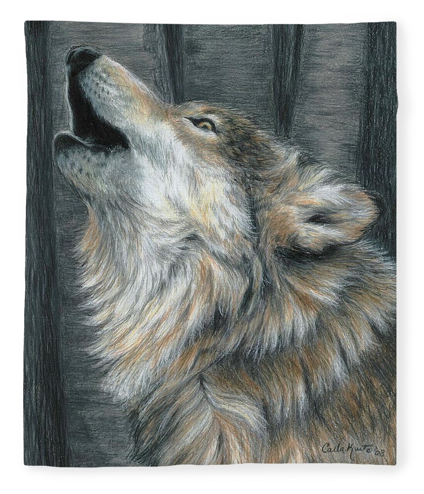 Wolf Fleece Blanket featuring the drawing Howling Wolf by Carla Kurt