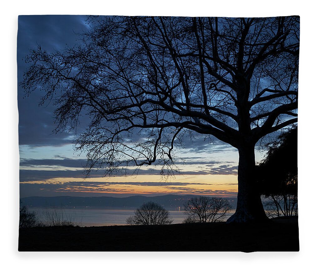 Hudson River Fleece Blanket featuring the photograph Hudson River Blue Hour in Winter by Marianne Campolongo