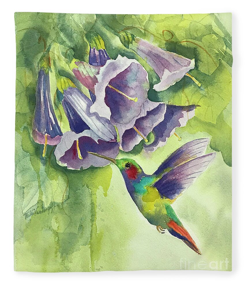 Hummingbird Fleece Blanket featuring the painting Hummingbird and Trumpets by Hilda Vandergriff