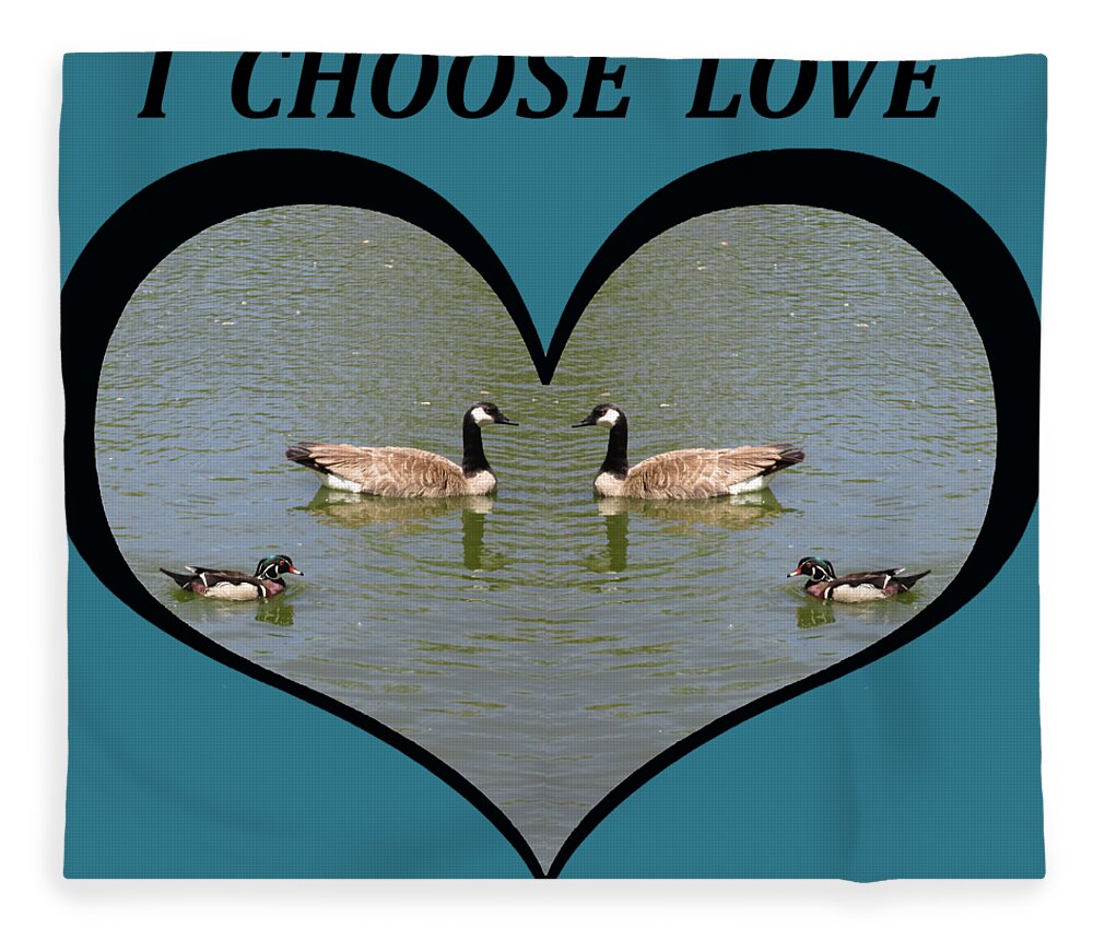 Love Fleece Blanket featuring the digital art I Choose Love with a Spoonbill Duck and Geese on a pond in a Heart by Julia L Wright