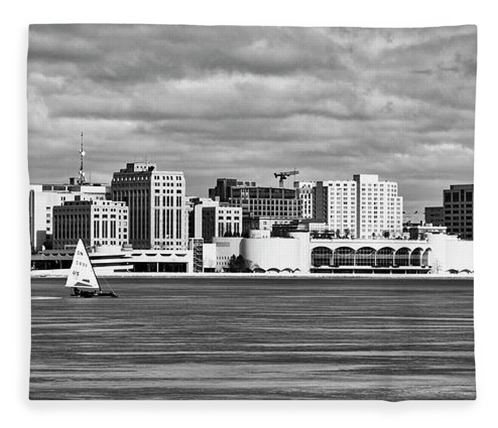 Ice Boats Fleece Blanket featuring the photograph Ice Sailing BW - Madison - Wisconsin by Steven Ralser