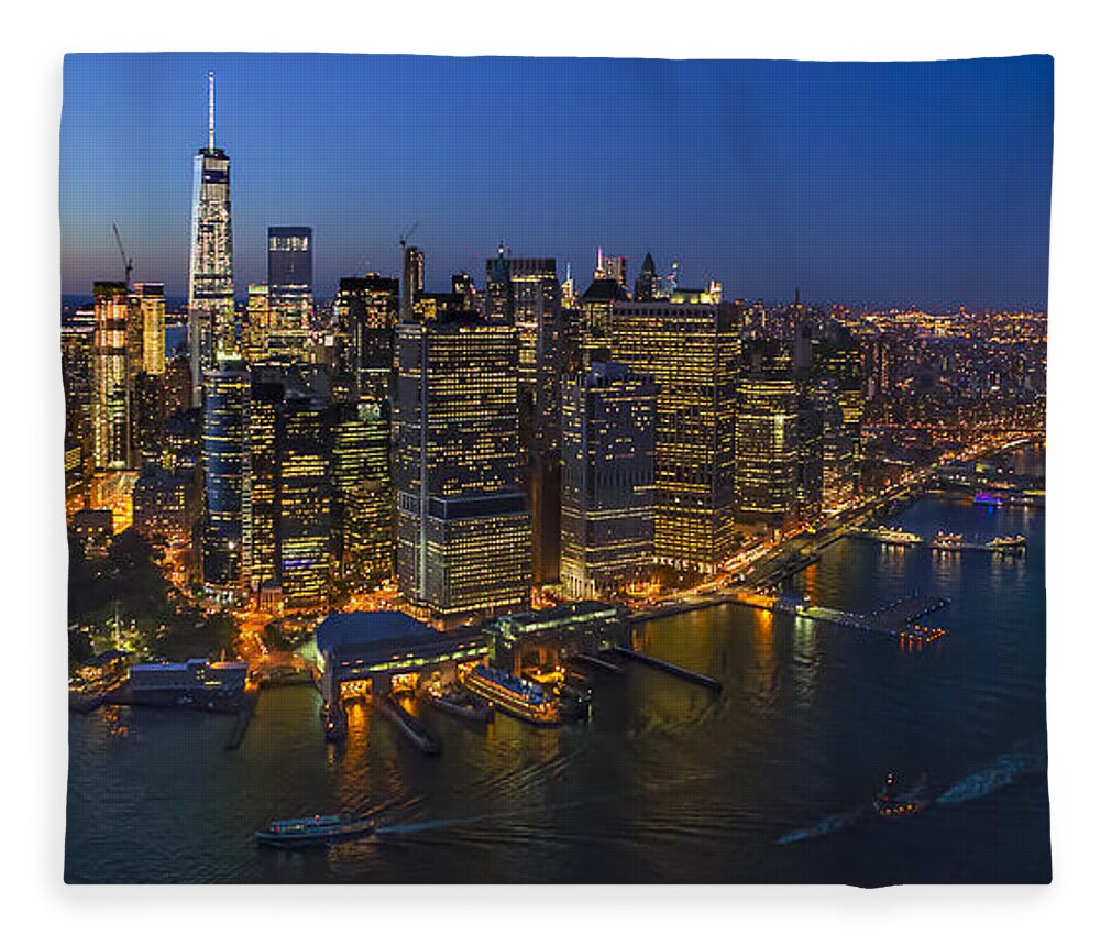 Aerial View Fleece Blanket featuring the photograph Illuminated Lower Manhattan NYC by Susan Candelario