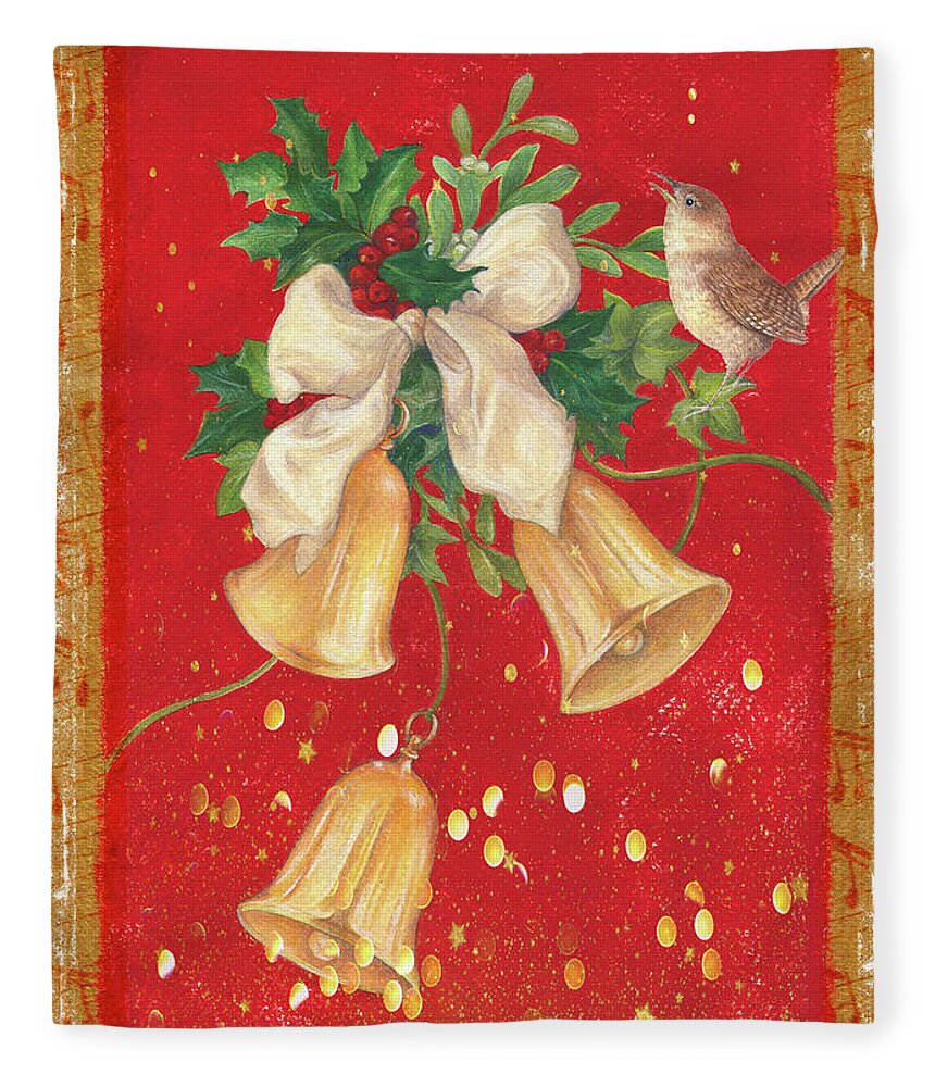 Bells Are Chiming Fleece Blanket featuring the painting Illustrated Holly, Bells with Birdie by Judith Cheng