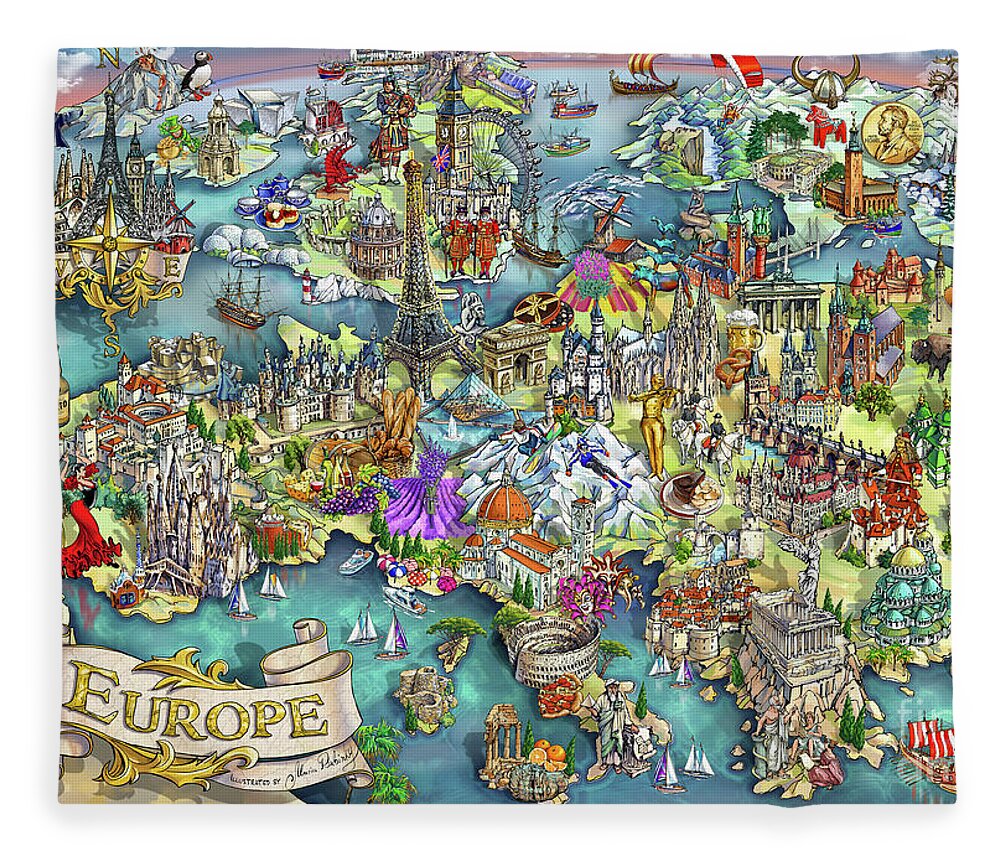 Europe Fleece Blanket featuring the painting Illustrated Map of Europe by Maria Rabinky