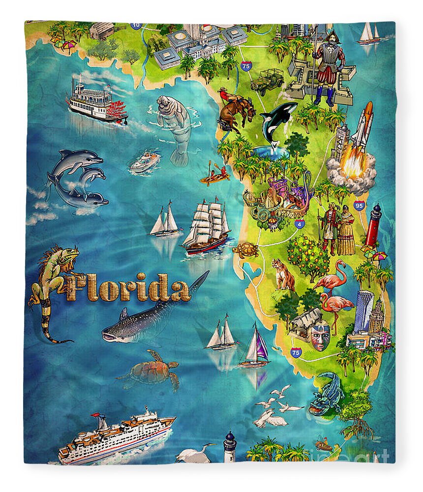 Castillo De San Marcos National Monument Fleece Blanket featuring the painting Illustrated Map of Florida by Maria Rabinky