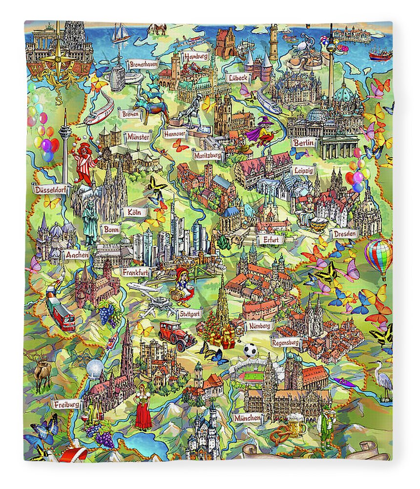 Germany Map Fleece Blanket featuring the painting Illustrated Map of Germany by Maria Rabinky