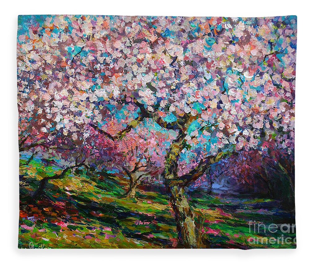 Spring Blossoms Painting Fleece Blanket featuring the painting Impressionistic Spring Blossoms Trees Landscape painting Svetlana Novikova by Svetlana Novikova