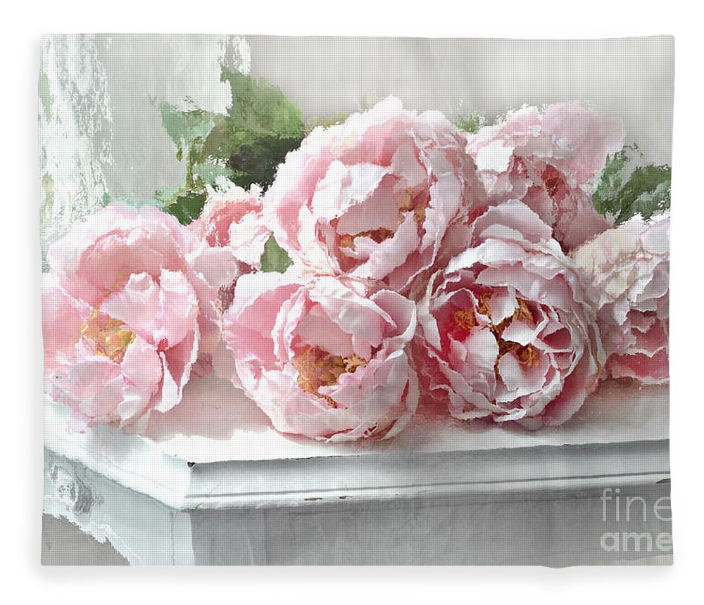Impressionistic Watercolor Pink Peonies - Pink and White Romantic Shabby  Chic Still Life Peonies Art Fleece Blanket