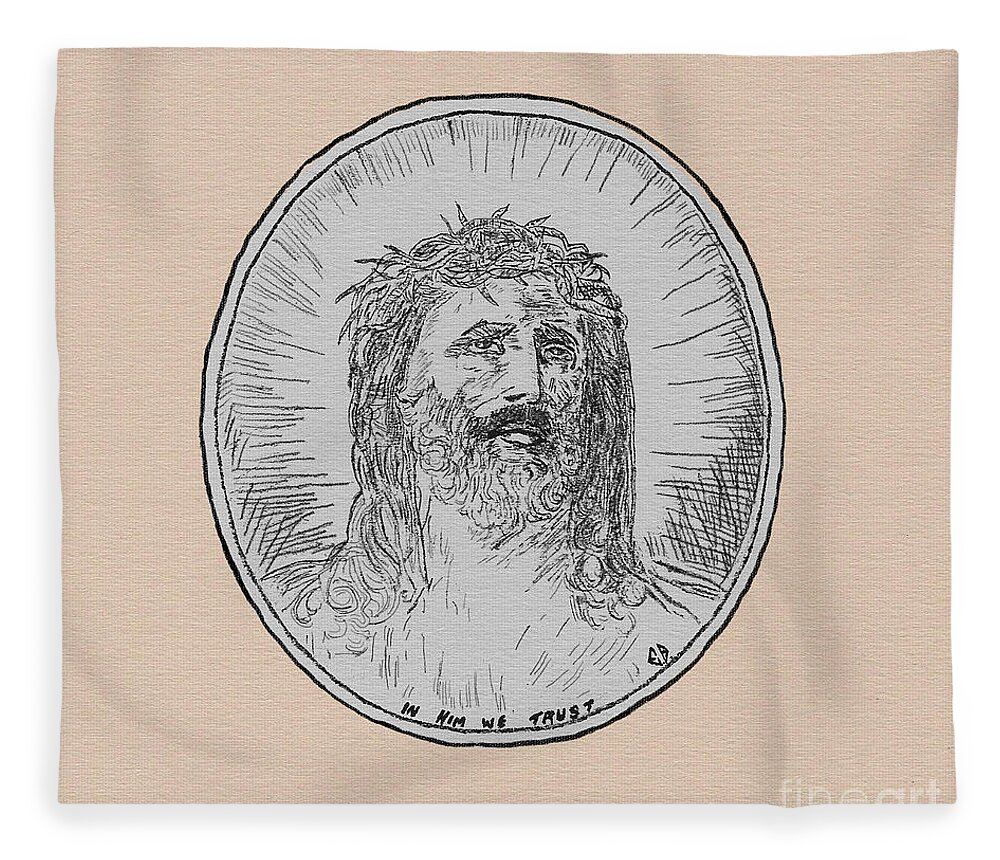 Jesus Fleece Blanket featuring the drawing In Him We Trust by Donna L Munro