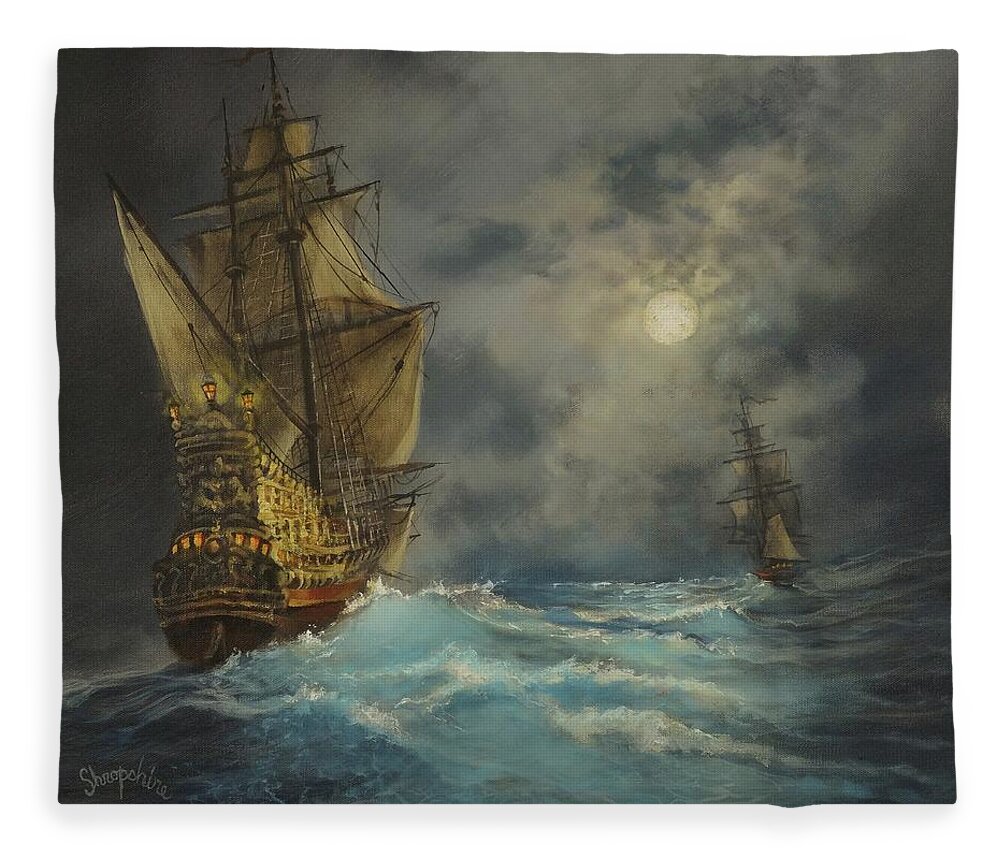 Pirate Ship Fleece Blanket featuring the painting In Pursuit by Tom Shropshire