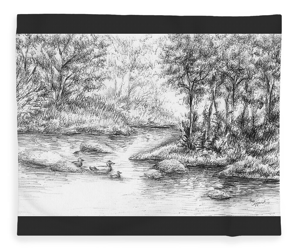 Landscape Fleece Blanket featuring the drawing In the Forest by Sipporah Art and Illustration