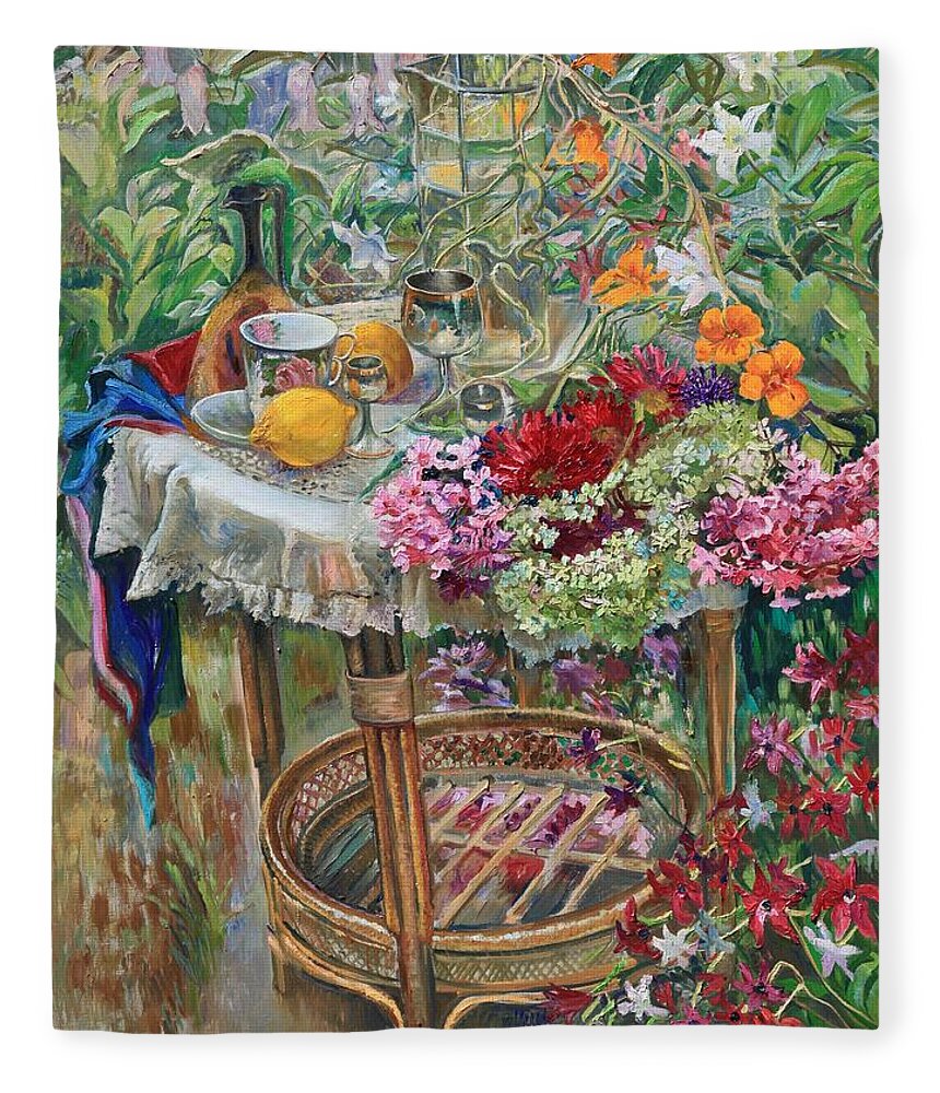 Maya Gusarina Fleece Blanket featuring the painting In the Garden by Maya Gusarina