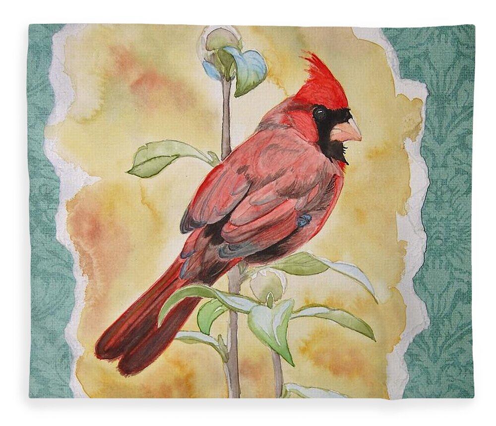 Cardinal Fleece Blanket featuring the painting In the Reeds by Sonja Jones