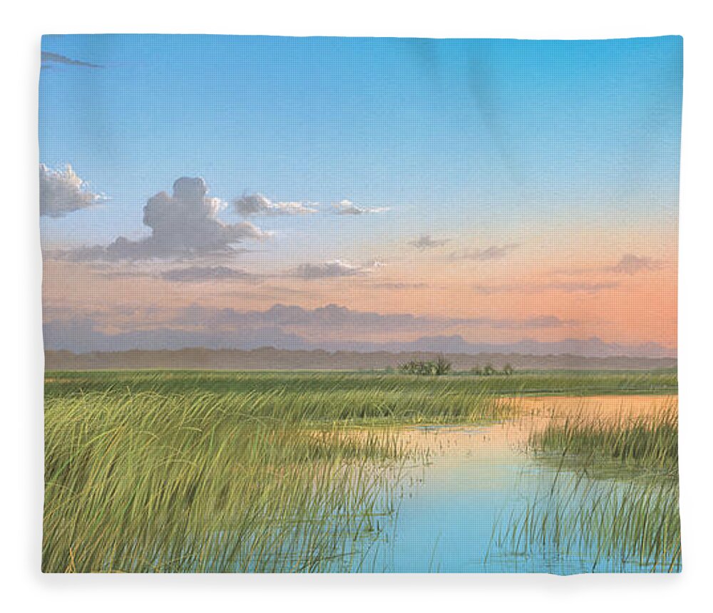 Florida Marsh Fleece Blanket featuring the painting Indian River by Mike Brown