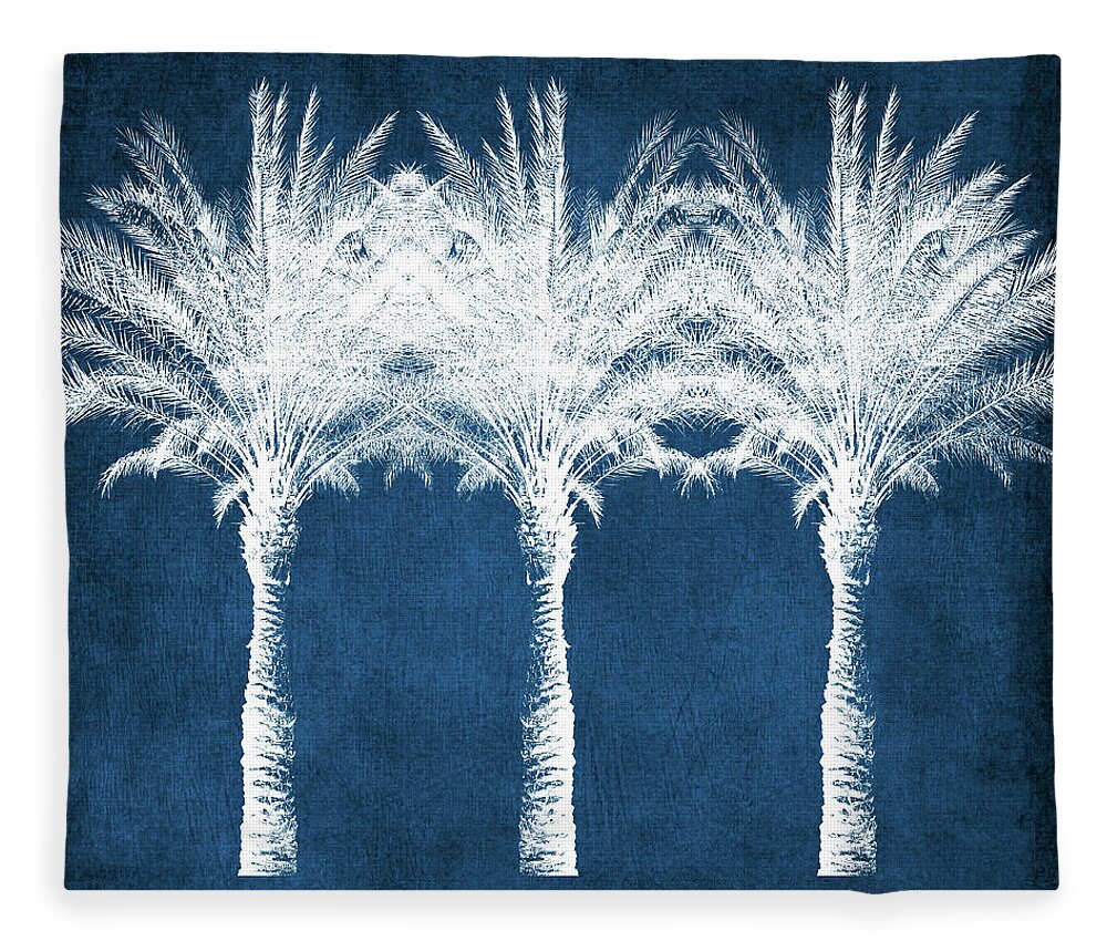 Palm Tree Fleece Blanket featuring the mixed media Indigo And White Palm Trees- Art by Linda Woods by Linda Woods