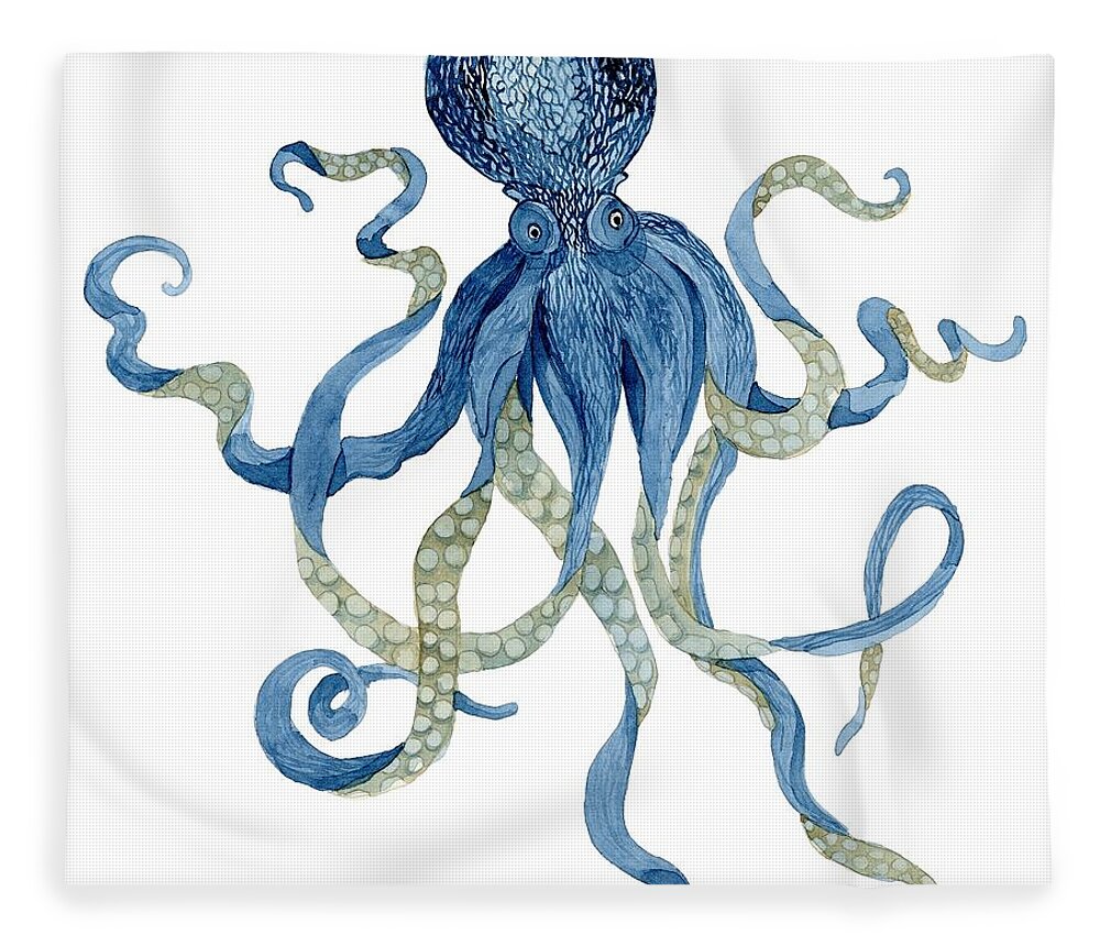 Indigo Fleece Blanket featuring the painting Indigo Ocean Blue Octopus by Audrey Jeanne Roberts