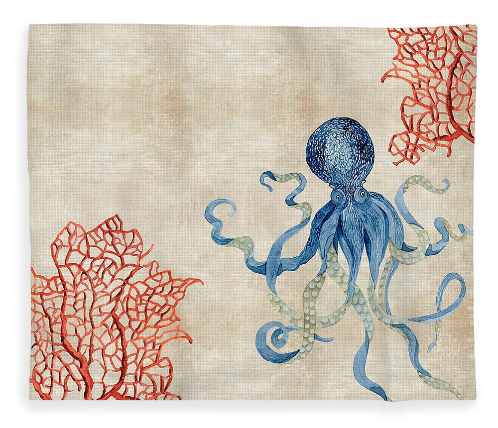 Octopus Fleece Blanket featuring the painting Indigo Ocean - Octopus Floating Amid Red Fan Coral by Audrey Jeanne Roberts