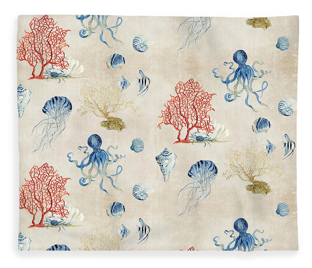 Octopus Fleece Blanket featuring the painting Indigo Ocean - Red Coral Octopus Half Drop Pattern by Audrey Jeanne Roberts