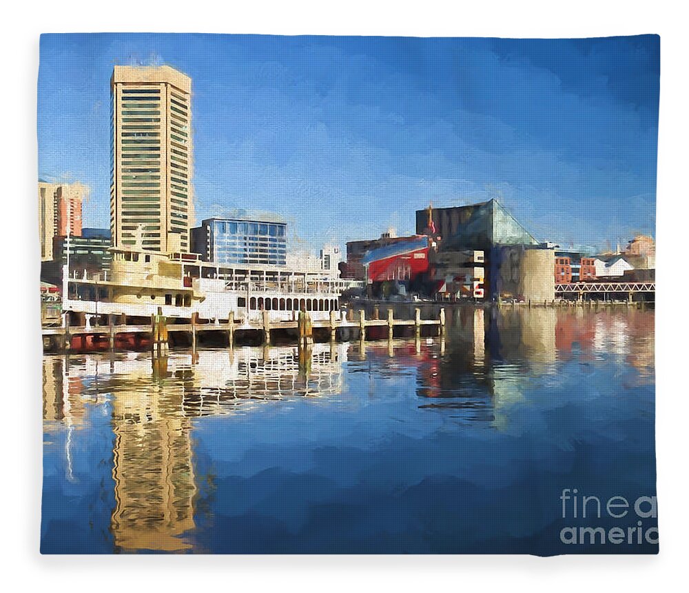 Baltimore Inner Harbor Fleece Blanket featuring the painting Inner Harbor Reflections by Kerri Farley