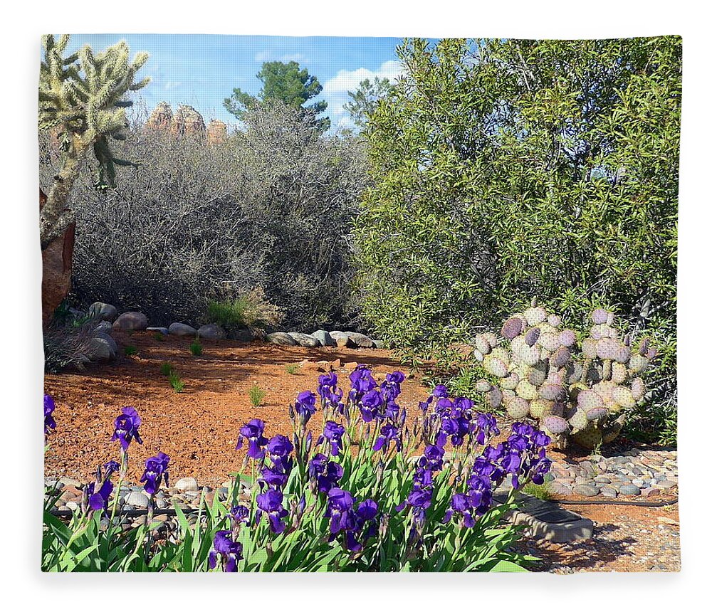 Sedona Fleece Blanket featuring the photograph Iris and Cactus Sedona Spring by Mars Besso