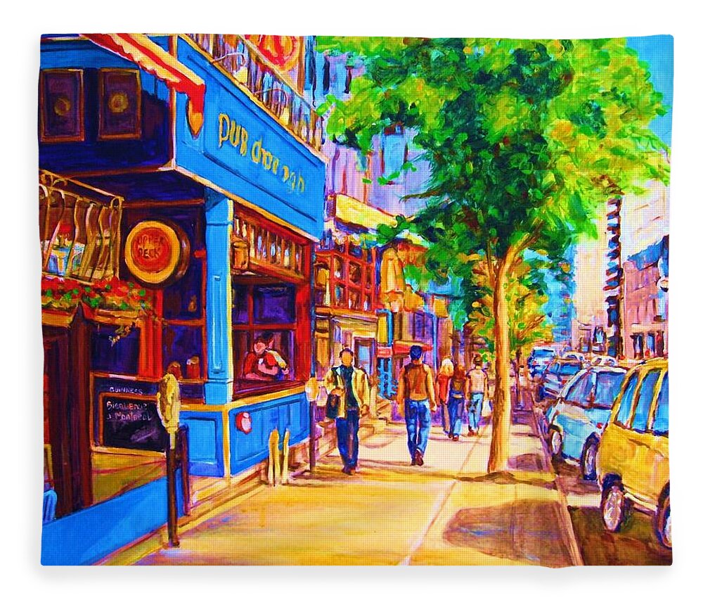 Irish Pub On Crescent Street Montreal Street Scenes Fleece Blanket featuring the painting Irish Pub on Crescent Street by Carole Spandau