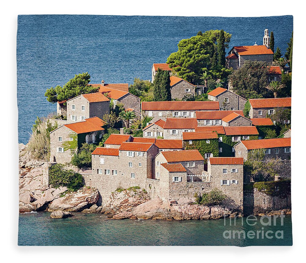 Sveti Stefan Fleece Blanket featuring the photograph Island village Montenegro by Sophie McAulay