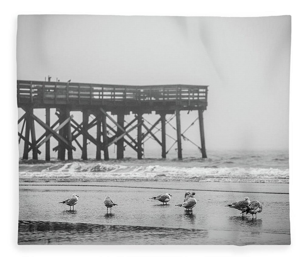 Isle Of Palms Fleece Blanket featuring the photograph Isle of Palms Pier and Fog by Donnie Whitaker