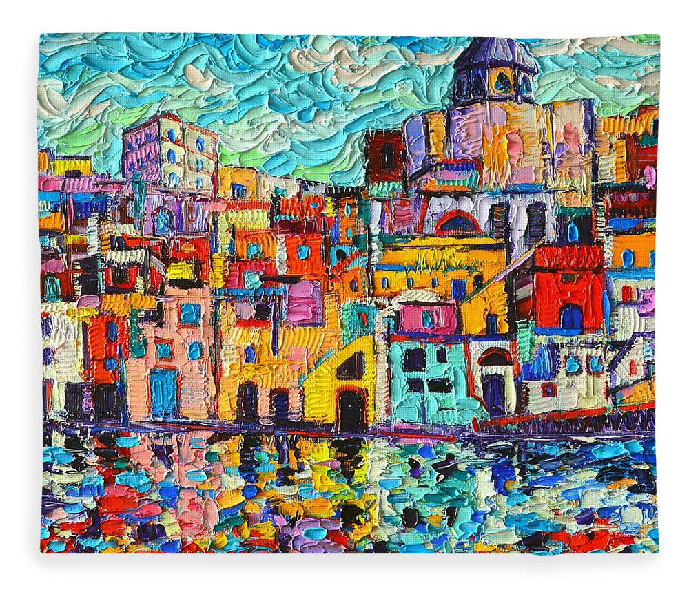 Procida Fleece Blanket featuring the painting Italy Procida Island Marina Corricella Naples Bay Palette Knife Oil Painting By Ana Maria Edulescu by Ana Maria Edulescu
