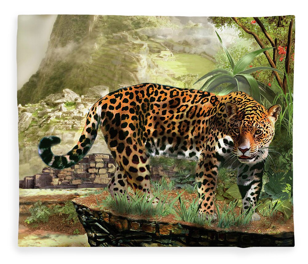 Gina Femrite Art Fleece Blanket featuring the painting Jaguar in the shadow of Machu Picchu Peru by Regina Femrite