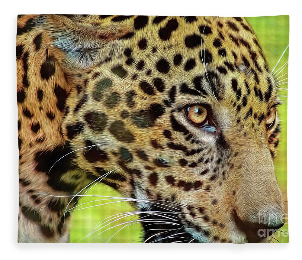 Jaguars Fleece Blanket featuring the mixed media Jaguar Up Very Close by DB Hayes