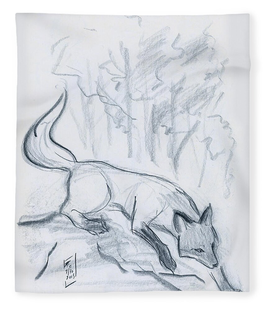 Okami Fleece Blanket featuring the drawing Japanese Fox Sketch by Brandy Woods