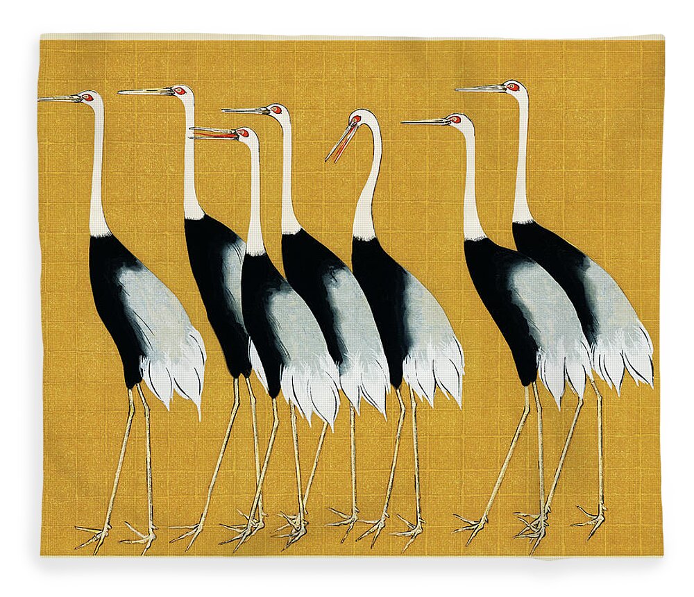 Japanese Art Fleece Blanket featuring the painting Japanese red crown crane by Ogata Korin by Vincent Monozlay