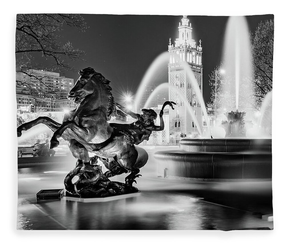 Missouri Fountain Fleece Blanket featuring the photograph J.C. Nichols Fountain and Statues - Square Format - Black and White Edition by Gregory Ballos