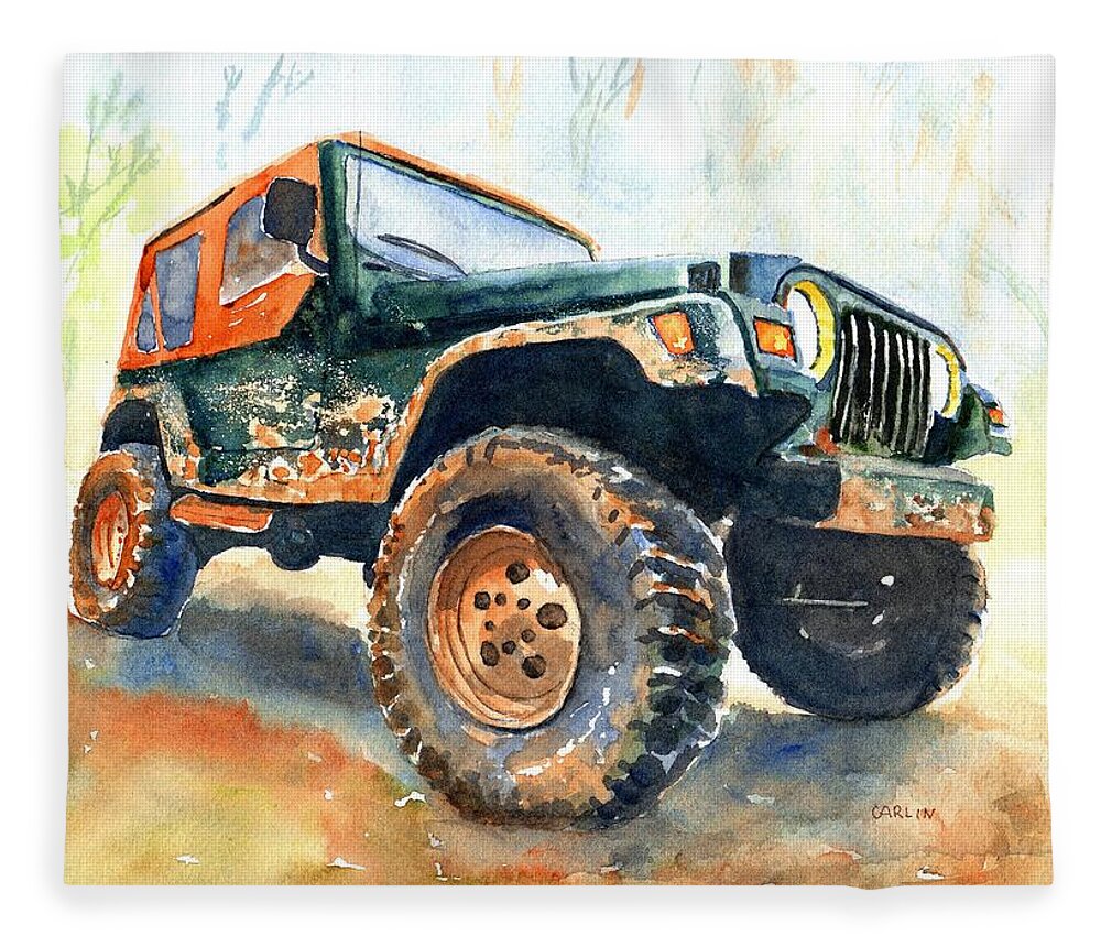Jeep Fleece Blanket featuring the painting Jeep Wrangler Watercolor by Carlin Blahnik CarlinArtWatercolor