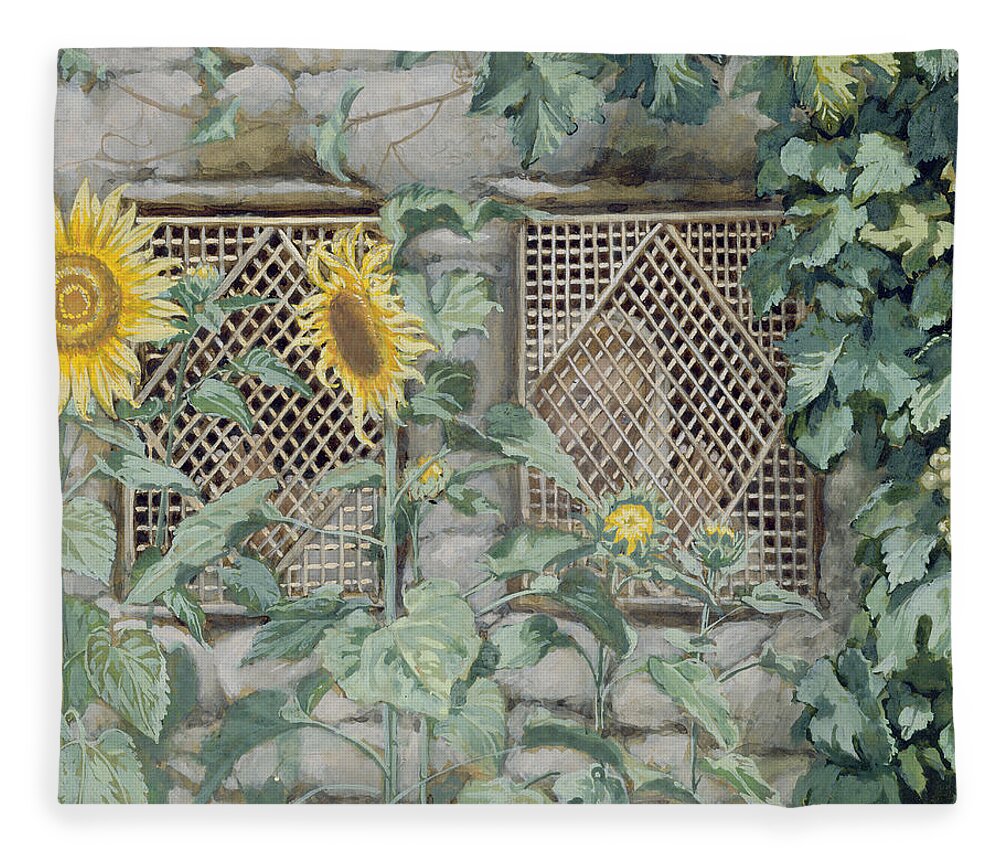 Jesus Looking Through A Lattice With Sunflowers Fleece Blanket featuring the painting Jesus Looking through a Lattice with Sunflowers by Tissot