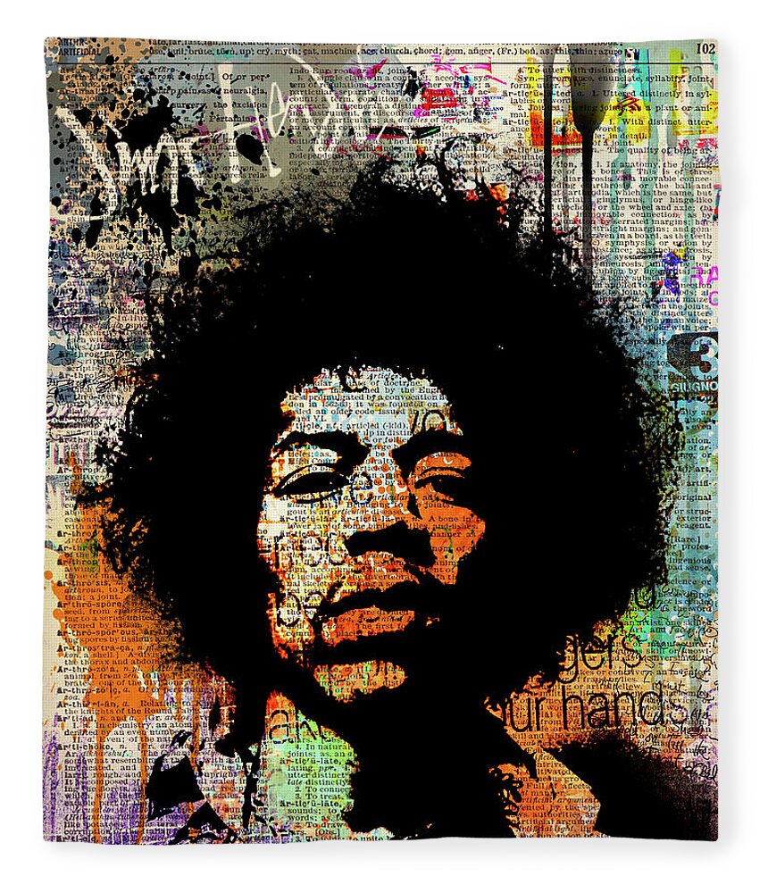 Jimi Fleece Blanket featuring the painting Jimi on dictionary page by Art Popop