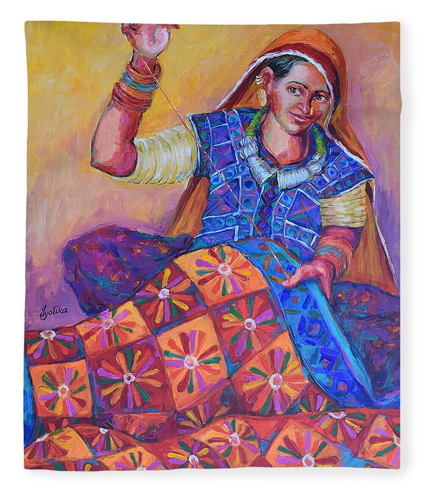 Tribal Woman Fleece Blanket featuring the painting Joy of Quilting by Jyotika Shroff