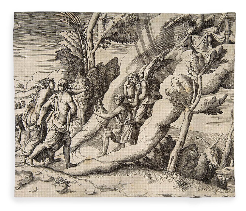 Giulio Bonasone Fleece Blanket featuring the drawing Jupiter and Juno being received in the heavens by Ganymede and Hebe by Giulio Bonasone