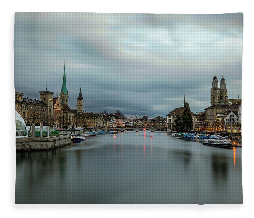 Hdr Composite Fleece Blanket featuring the photograph Just after sunset in Zurich by M C Hood