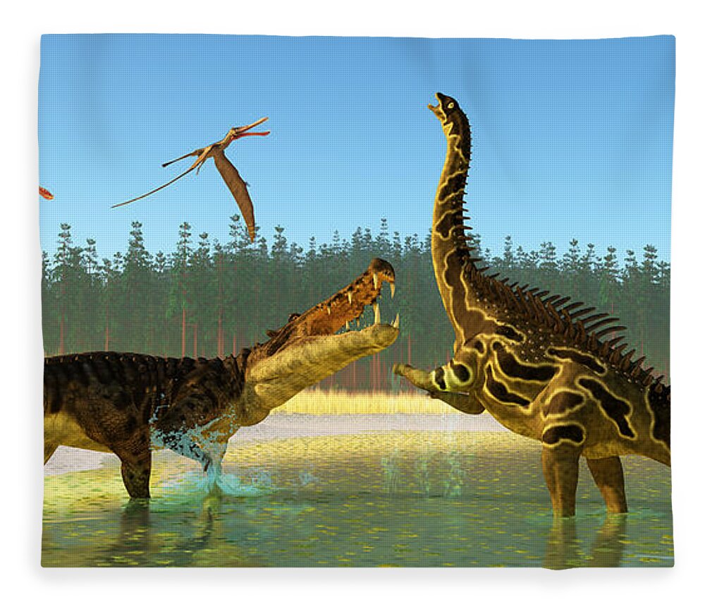 Kaprosuchus Fleece Blanket featuring the painting Kaprosuchus Swamp by Corey Ford