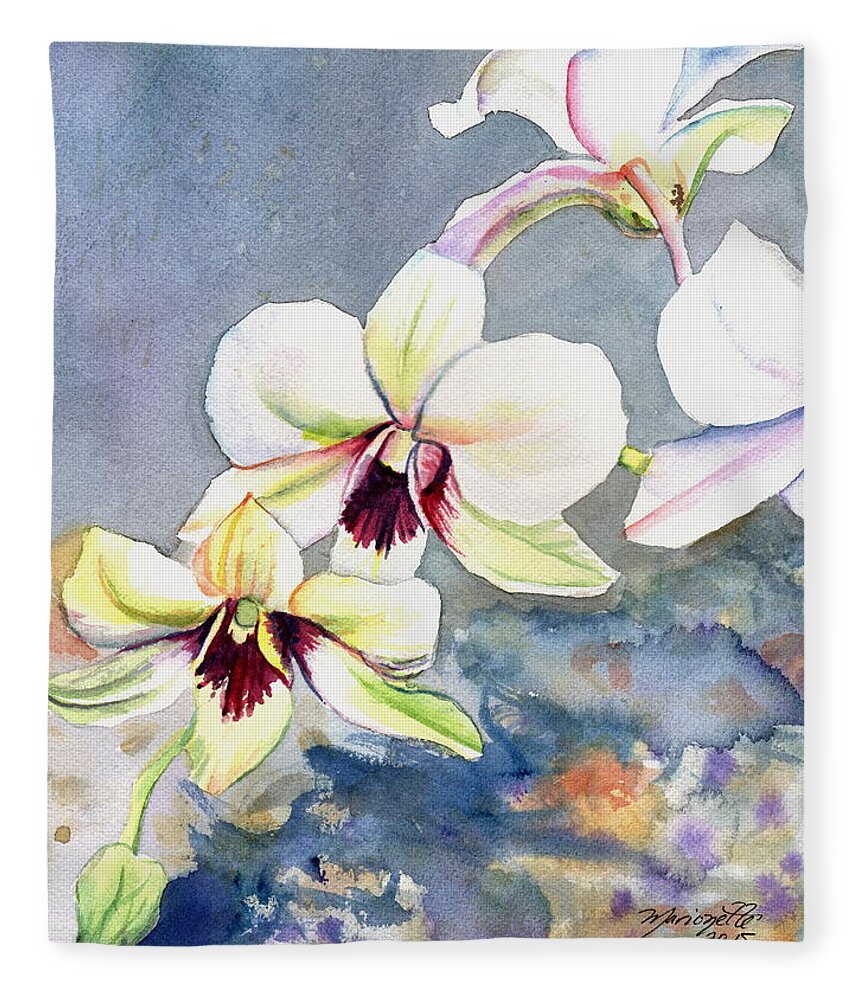 Kauai Fine Art Fleece Blanket featuring the painting Kauai Orchid Festival by Marionette Taboniar