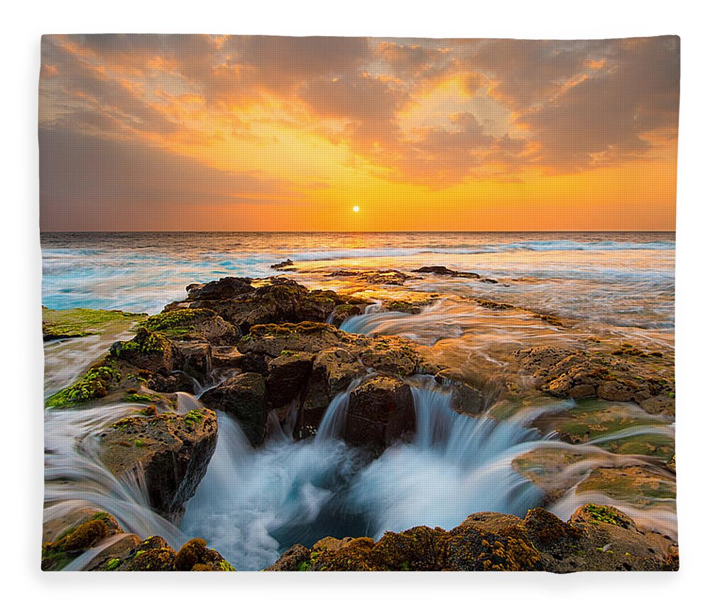 Hawaii Big Island Kona Keahole Point Sunset Lava Sinkhole Puka Ocean Sea Fleece Blanket featuring the photograph Kona Sunset by Patrick Campbell