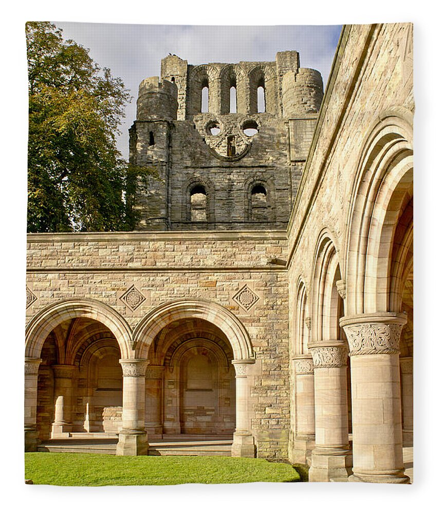 Abbey Fleece Blanket featuring the photograph Kelso Abbey ruins and Roxburghe Aisle memorial cloister. by Elena Perelman