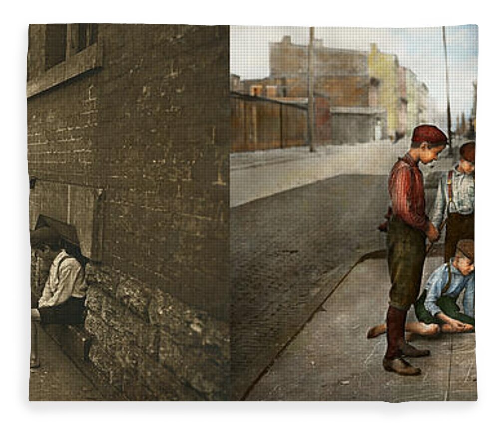 Gang Fleece Blanket featuring the photograph Kids - Cincinnati OH - A shady game 1908 - Side by Side by Mike Savad
