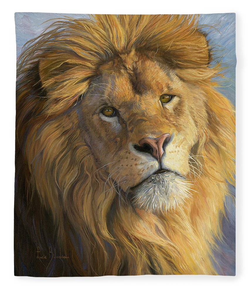 Lion Fleece Blanket featuring the painting King's Gaze by Lucie Bilodeau